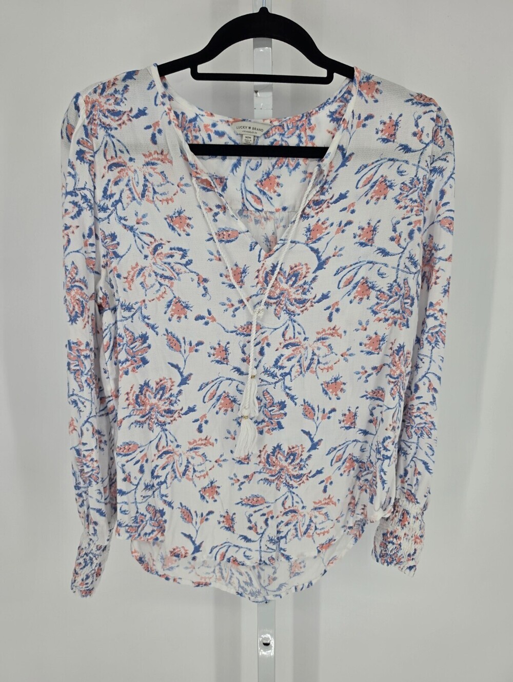 Lucky Brand Womens Sz M Long Sleeve Boho Blouse Red White Blue Floral Tassel